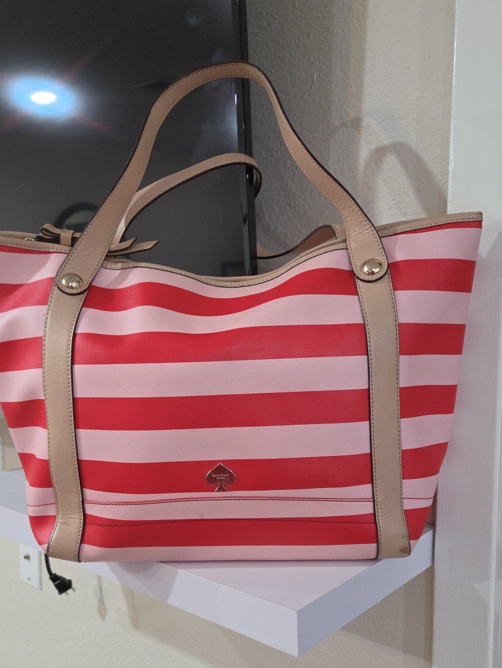 kate spade Pink and Red Striped Tote with Tan Trim